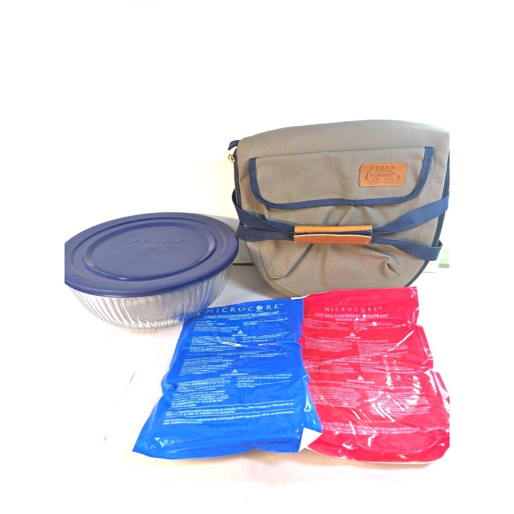 Vtg Pyrex Portables 4.5 Qt Ribbed Glass Bowl w/ Lid & Carrying Case And Hot Pack